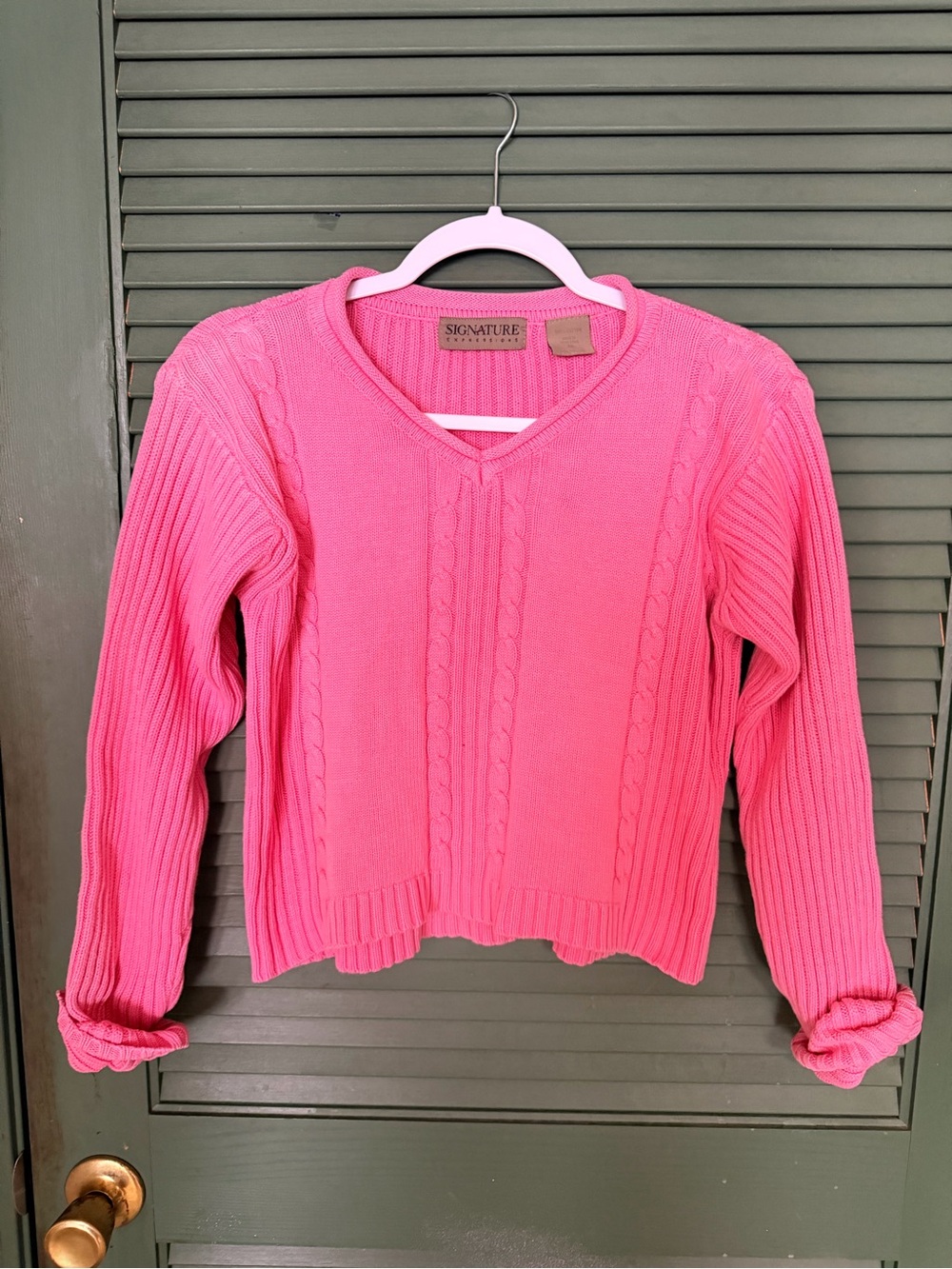 Signature Pink Cable V‑Neck Sweater